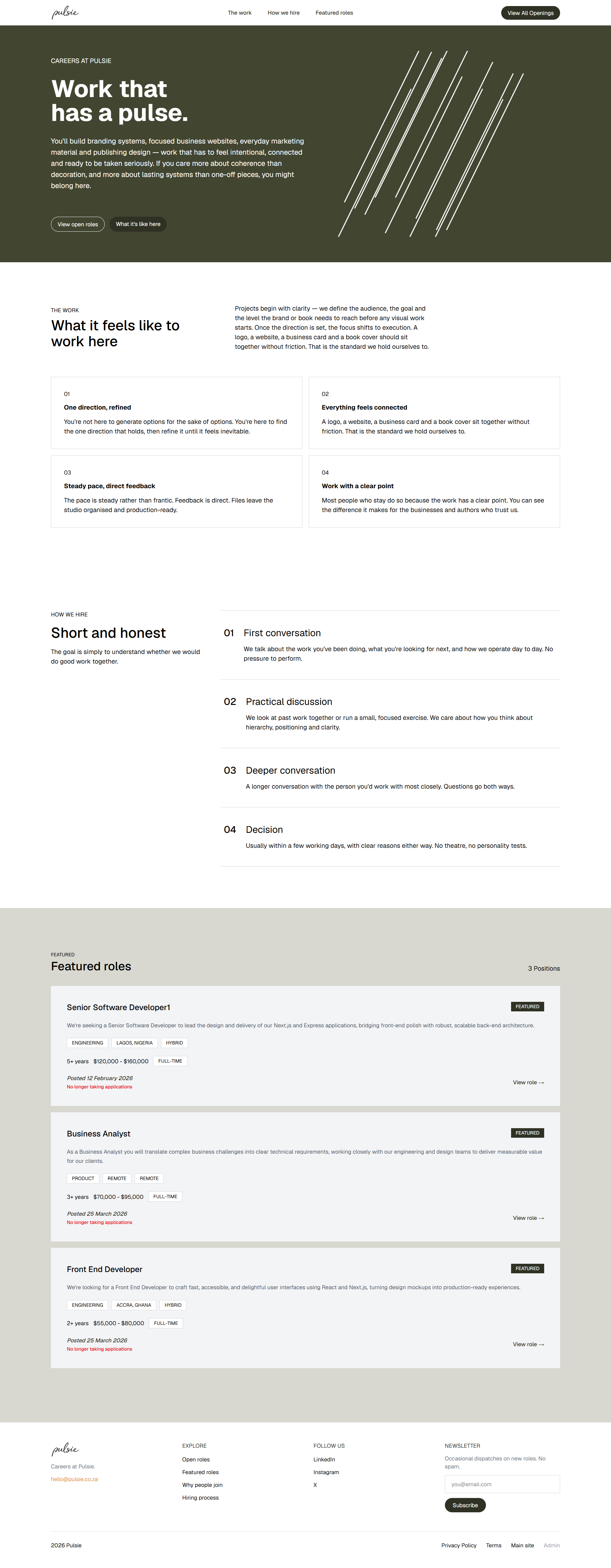The full Careers at Pulsie homepage