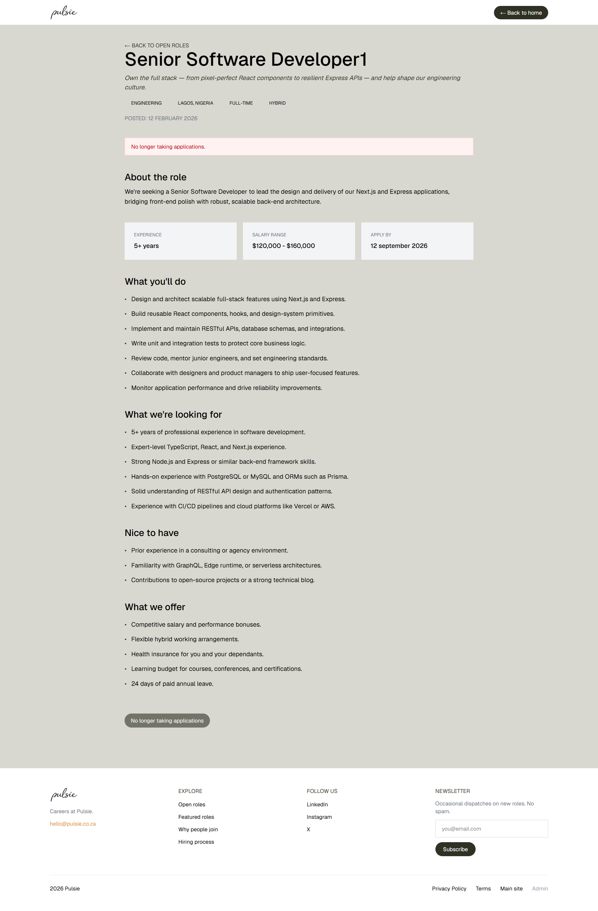 A job detail page on Careers at Pulsie