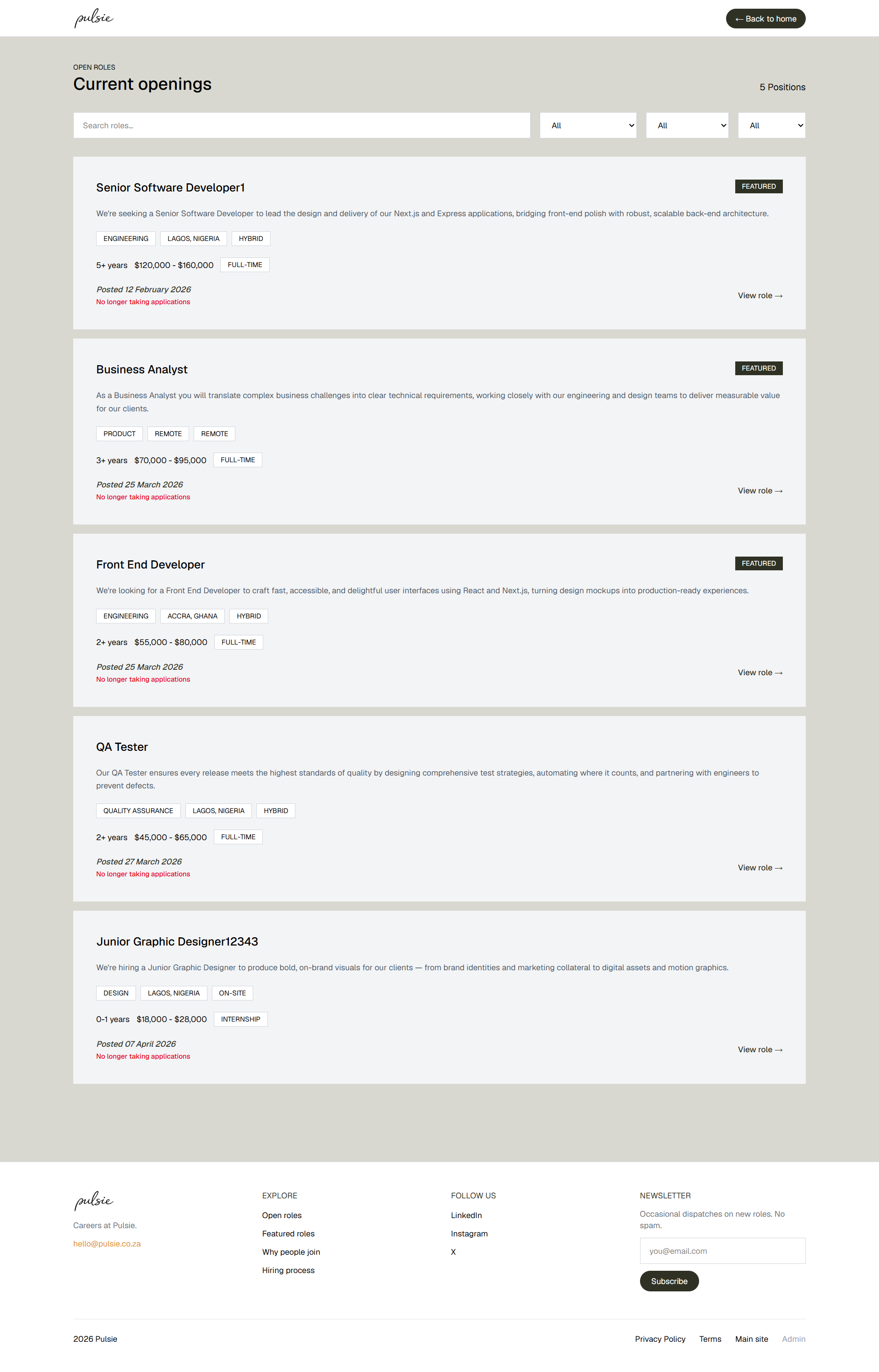 The Careers at Pulsie open roles page